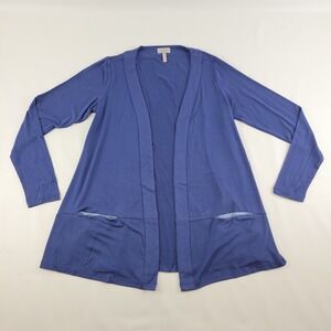 LOGO Lori Goldstein A276623 Cardigan XS Blue Open Front Long Sleeve Knit Pockets